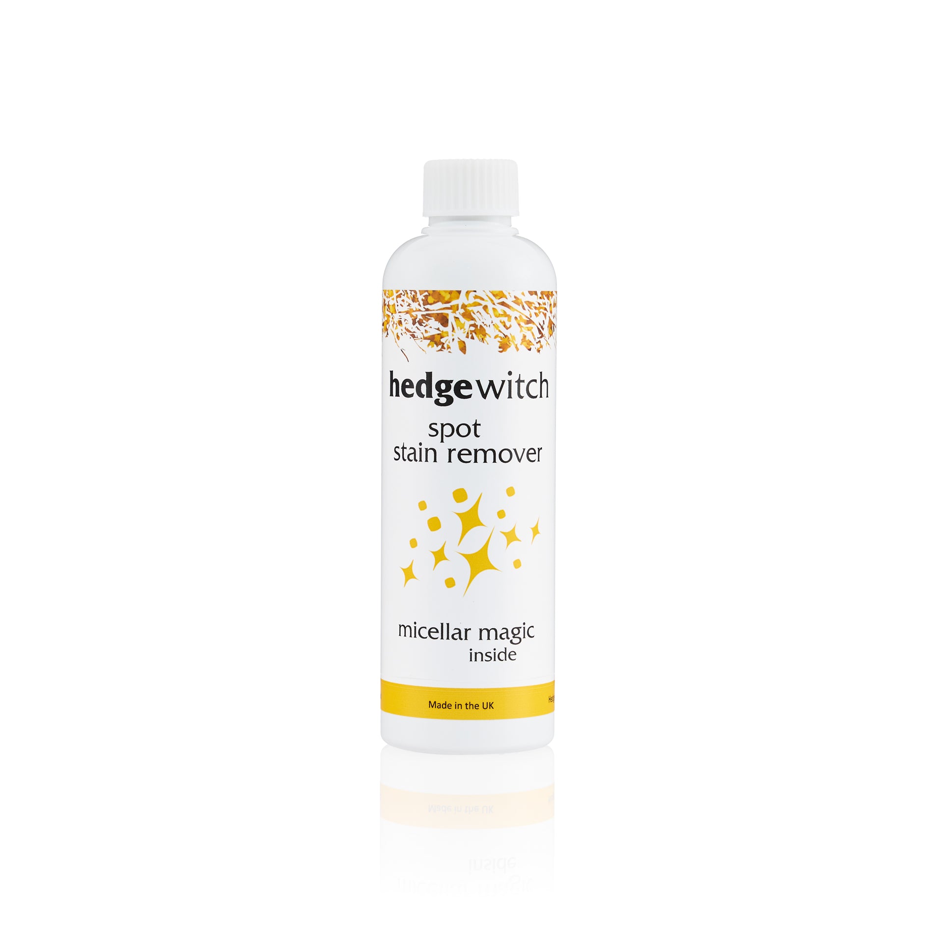 white bottle with gold 'hedgewitch' hedge branding